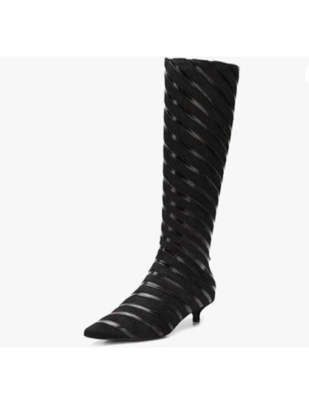 FSJ Women Pointed Toe Low Kitten Heel Knee High Boots Faux Fur Thread Black
